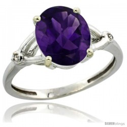 14k White Gold Diamond Amethyst Ring 2.4 ct Oval Stone 10x8 mm, 3/8 in wide