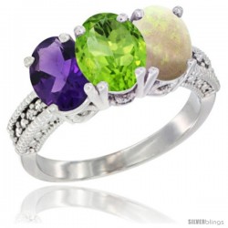 14K White Gold Natural Amethyst, Peridot & Opal Ring 3-Stone 7x5 mm Oval Diamond Accent