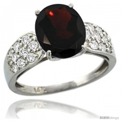 14k White Gold Natural Garnet Ring 10x8 mm Oval Shape Diamond Accent, 3/8inch wide -Style R289771w10