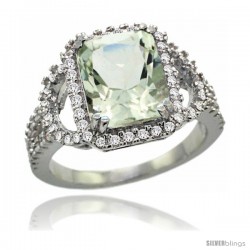 14k White Gold Natural Green Amethyst Ring 10x8 mm Emerald Shape Diamond Halo, 1/2inch wide