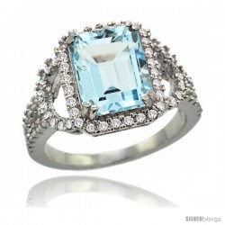 14k White Gold Sky Blue Topaz Halo Engagement Ring 3.10 Carats Emerald Cut Stone 0.41 cttw Diamonds, 1/2inch.