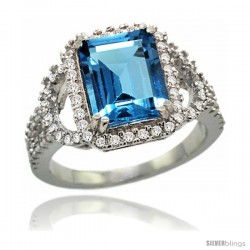 14k White Gold Natural Swiss Blue Topaz Ring 10x8 mm Emerald Shape Diamond Halo, 1/2inch wide