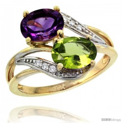 14k Gold ( 8x6 mm ) Double Stone Engagement Amethyst & Peridot Ring w/ 0.07 Carat Brilliant Cut Diamonds & 2.34 Carats Oval Cut