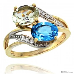 14k Gold ( 8x6 mm ) Double Stone Engagement Green Amethyst & Swiss Blue Topaz Ring w/ 0.07 Carat Brilliant Cut Diamonds & 2.34