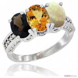 10K White Gold Natural Smoky Topaz, Citrine & Opal Ring 3-Stone Oval 7x5 mm Diamond Accent