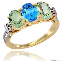 10K Yellow Gold Natural Swiss Blue Topaz & Green Amethyst Sides Ring 3-Stone Oval 7x5 mm Diamond Accent