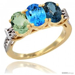 10K Yellow Gold Natural Green Amethyst, Swiss Blue Topaz & London Blue Topaz Ring 3-Stone Oval 7x5 mm Diamond Accent