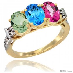 10K Yellow Gold Natural Green Amethyst, Swiss Blue Topaz & Pink Topaz Ring 3-Stone Oval 7x5 mm Diamond Accent