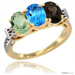 10K Yellow Gold Natural Green Amethyst, Swiss Blue Topaz & Smoky Topaz Ring 3-Stone Oval 7x5 mm Diamond Accent