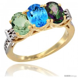 10K Yellow Gold Natural Green Amethyst, Swiss Blue Topaz & Mystic Topaz Ring 3-Stone Oval 7x5 mm Diamond Accent