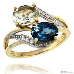 14k Gold ( 8x6 mm ) Double Stone Engagement Green Amethyst & London Blue Topaz Ring w/ 0.07 Carat Brilliant Cut Diamonds & 2.34