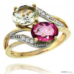 14k Gold ( 8x6 mm ) Double Stone Engagement Green Amethyst & Pink Topaz Ring w/ 0.07 Carat Brilliant Cut Diamonds & 2.34 Carats