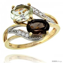 14k Gold ( 8x6 mm ) Double Stone Engagement Green Amethyst & Smoky Topaz Ring w/ 0.07 Carat Brilliant Cut Diamonds & 2.34