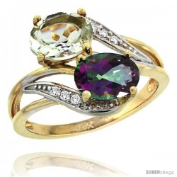 14k Gold ( 8x6 mm ) Double Stone Engagement Green Amethyst & Mystic Topaz Ring w/ 0.07 Carat Brilliant Cut Diamonds & 2.34