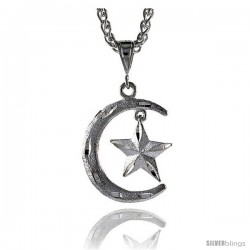 Sterling Silver Crescent Moon and Star Pendant, 1 1/4" (32 mm) tall