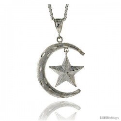 Sterling Silver Crescent Moon and Star Pendant, 2 3/16" (56 mm) tall