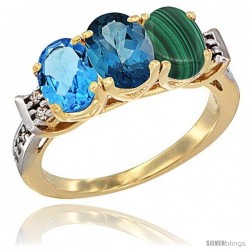 10K Yellow Gold Natural Swiss Blue Topaz, London Blue Topaz & Malachite Ring 3-Stone Oval 7x5 mm Diamond Accent