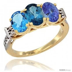 10K Yellow Gold Natural Swiss Blue Topaz, London Blue Topaz & Tanzanite Ring 3-Stone Oval 7x5 mm Diamond Accent