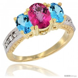 10K Yellow Gold Ladies Oval Natural Pink Topaz 3-Stone Ring with Swiss Blue Topaz Sides Diamond Accent