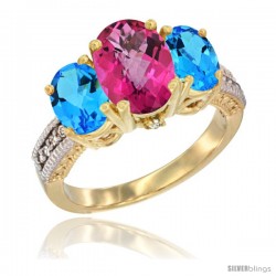 10K Yellow Gold Ladies 3-Stone Oval Natural Pink Topaz Ring with Swiss Blue Topaz Sides Diamond Accent