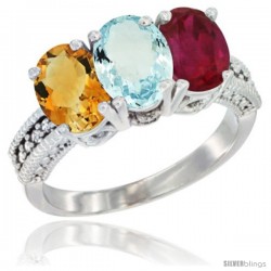 14K White Gold Natural Citrine, Aquamarine & Ruby Ring 3-Stone 7x5 mm Oval Diamond Accent