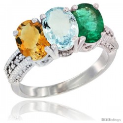 14K White Gold Natural Citrine, Aquamarine & Emerald Ring 3-Stone 7x5 mm Oval Diamond Accent