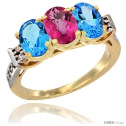 10K Yellow Gold Natural Pink Topaz & Swiss Blue Topaz Sides Ring 3-Stone Oval 7x5 mm Diamond Accent