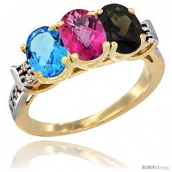 10K Yellow Gold Natural Swiss Blue Topaz, Pink Topaz & Smoky Topaz Ring 3-Stone Oval 7x5 mm Diamond Accent