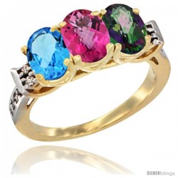 10K Yellow Gold Natural Swiss Blue Topaz, Pink Topaz & Mystic Topaz Ring 3-Stone Oval 7x5 mm Diamond Accent