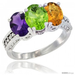 14K White Gold Natural Amethyst, Peridot & Whisky Quartz Ring 3-Stone 7x5 mm Oval Diamond Accent