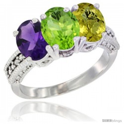 14K White Gold Natural Amethyst, Peridot & Lemon Quartz Ring 3-Stone 7x5 mm Oval Diamond Accent