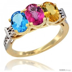 10K Yellow Gold Natural Swiss Blue Topaz, Pink Topaz & Citrine Ring 3-Stone Oval 7x5 mm Diamond Accent