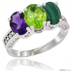 14K White Gold Natural Amethyst, Peridot & Malachite Ring 3-Stone 7x5 mm Oval Diamond Accent