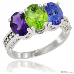 14K White Gold Natural Amethyst, Peridot & Tanzanite Ring 3-Stone 7x5 mm Oval Diamond Accent