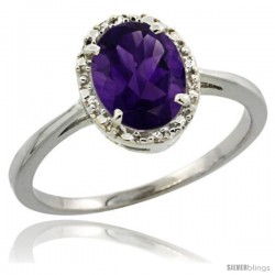 14k White Gold Diamond Halo Amethyst Ring 1.2 ct Oval Stone 8x6 mm, 1/2 in wide