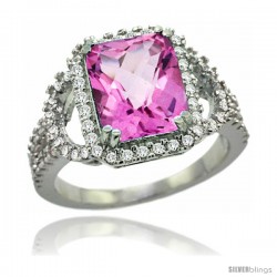 14k White Gold Natural Pink Topaz Ring 10x8 mm Emerald Shape Diamond Halo, 1/2inch wide