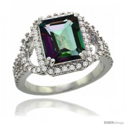 14k White Gold Natural Mystic Topaz Ring 3.10 Carats Emerald Cut Stone0.41 cttw Diamonds, 1/2inch wide