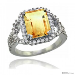 14k White Gold Natural Citrine Ring 10x8 mm Emerald Shape Diamond Halo, 1/2inch wide