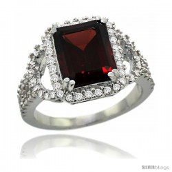 14k White Gold Natural Garnet Ring 10x8 mm Emerald Shape Diamond Halo, 1/2inch wide