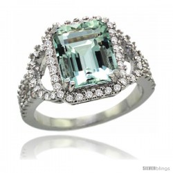 14k White Gold Natural Aquamarine Ring 10x8 mm Emerald Shape Diamond Halo, 1/2inch wide