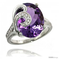 14k White Gold Natural Amethyst Ring 16x12 mm Oval Shape Diamond Accent, 5/8 in wide