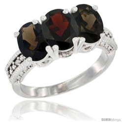 10K White Gold Natural Garnet & Smoky Topaz Sides Ring 3-Stone Oval 7x5 mm Diamond Accent