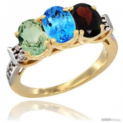 10K Yellow Gold Natural Green Amethyst, Swiss Blue Topaz & Garnet Ring 3-Stone Oval 7x5 mm Diamond Accent