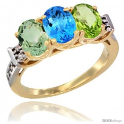 10K Yellow Gold Natural Green Amethyst, Swiss Blue Topaz & Peridot Ring 3-Stone Oval 7x5 mm Diamond Accent