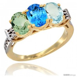 10K Yellow Gold Natural Green Amethyst, Swiss Blue Topaz & Aquamarine Ring 3-Stone Oval 7x5 mm Diamond Accent