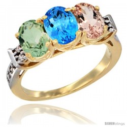 10K Yellow Gold Natural Green Amethyst, Swiss Blue Topaz & Morganite Ring 3-Stone Oval 7x5 mm Diamond Accent