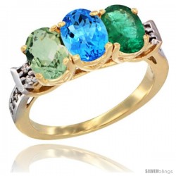 10K Yellow Gold Natural Green Amethyst, Swiss Blue Topaz & Emerald Ring 3-Stone Oval 7x5 mm Diamond Accent