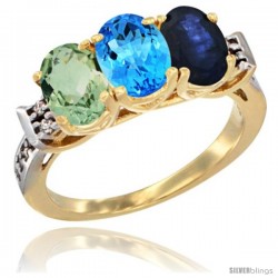 10K Yellow Gold Natural Green Amethyst, Swiss Blue Topaz & Blue Sapphire Ring 3-Stone Oval 7x5 mm Diamond Accent