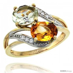 14k Gold ( 8x6 mm ) Double Stone Engagement Green Amethyst & Citrine Ring w/ 0.07 Carat Brilliant Cut Diamonds & 2.34 Carats