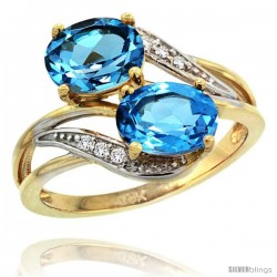 14k Gold ( 8x6 mm ) Double Stone Engagement Swiss Blue Topaz Ring w/ 0.07 Carat Brilliant Cut Diamonds & 2.34 Carats Oval Cut